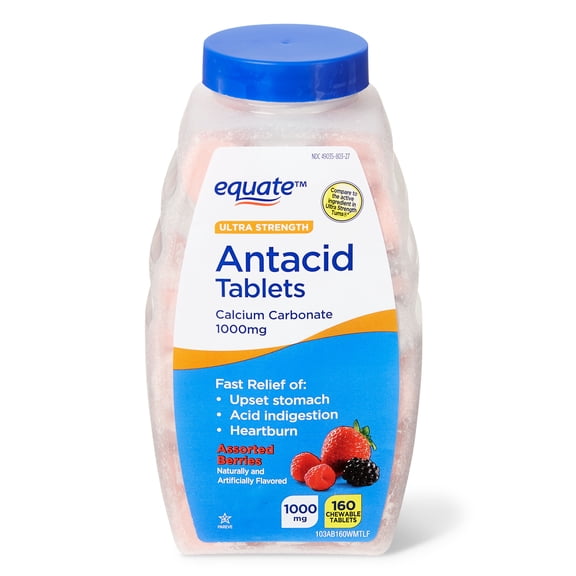 Equate Ultra Strength Calcium Carbonate Antacid Chewable Tablets, Assorted Berries, 1000 mg, 160 Count