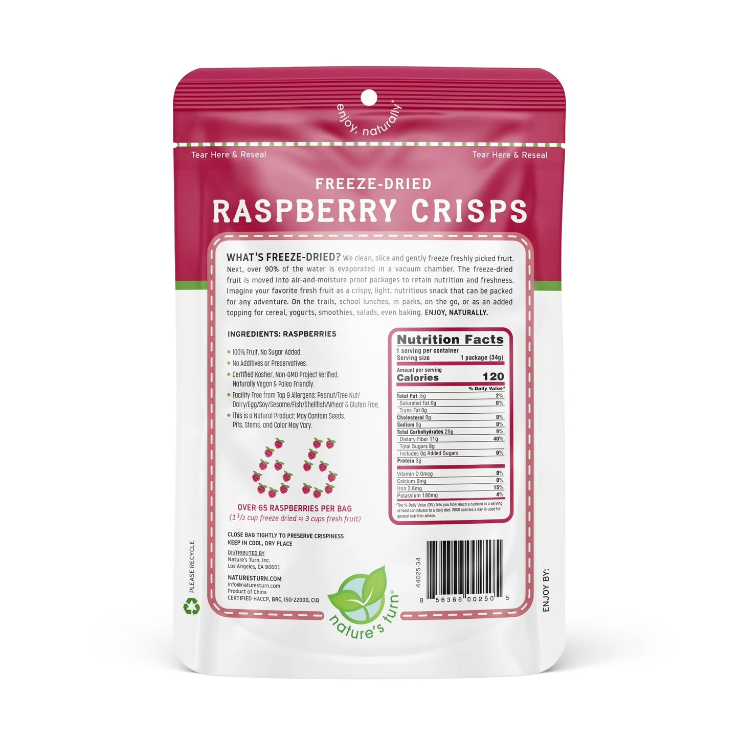 Nature’s Turn Freeze-Dried Raspberry Crisps, No Added Sugar, Healthy Natural Fruit Crisp Snack for School Lunches, 6 Pack (0.53 oz Each)