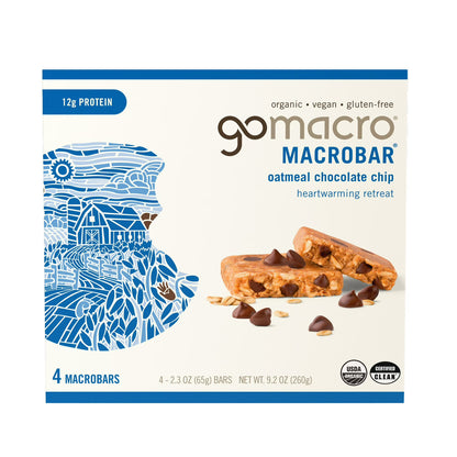 GoMacro MacroBar Organic Vegan Protein Bars - Oatmeal Chocolate Chip MacroBars 12 grams (4 Count)