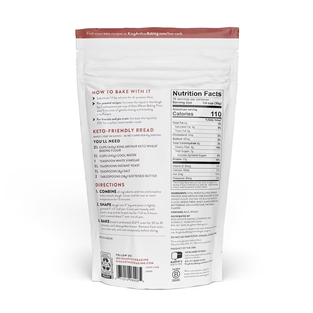 (2 pack) King Arthur Baking Company Sourced Non-GMO, 1-to-1 All Purpose Flour Substitute, Keto Wheat Baking Flour, 16 oz