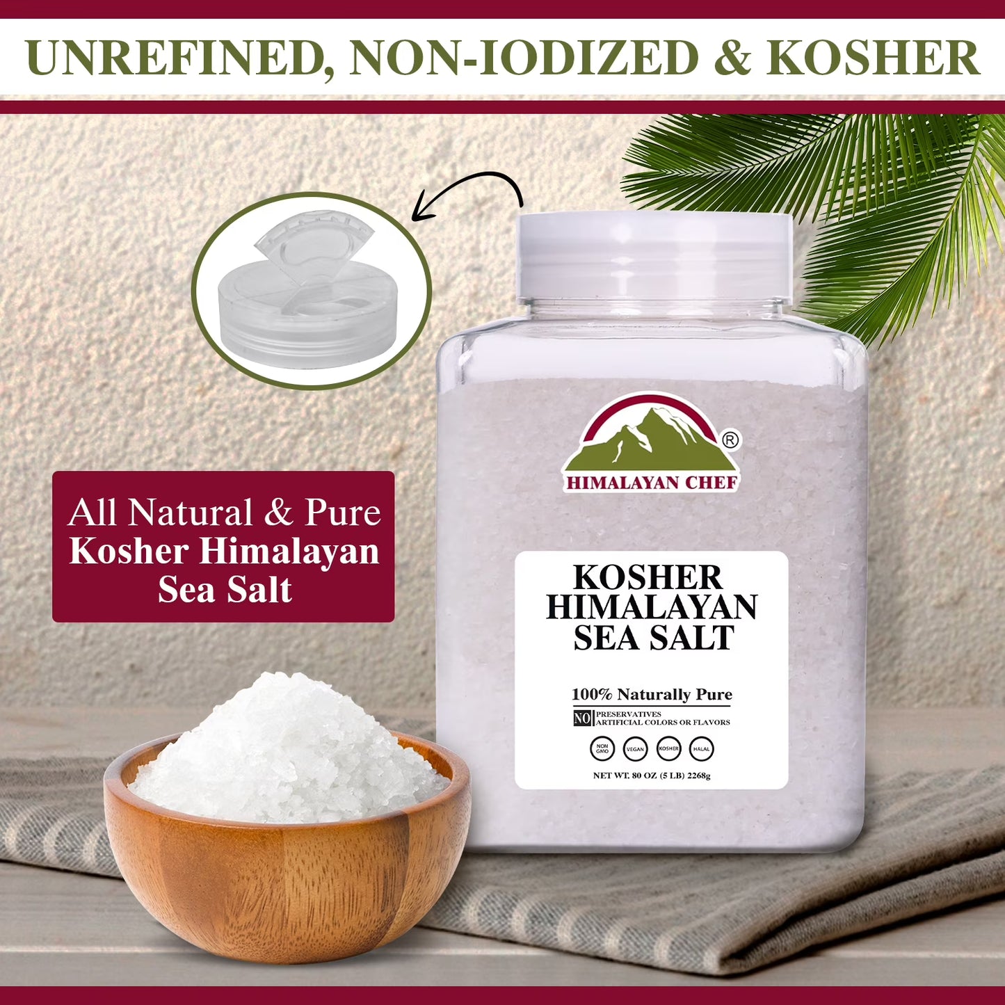 Himalayan Chef Kosher Sea Salt – Full Flavor, No Additives, unrefined and Less Sodium - Natural and Organic - 5 Pound Plastic Jar, Kosher & Non GMO Certified