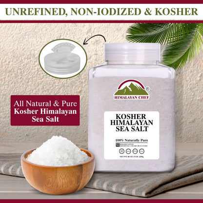 Himalayan Chef Kosher Sea Salt – Full Flavor, No Additives, unrefined and Less Sodium - Natural and Organic - 5 Pound Plastic Jar, Kosher & Non GMO Certified