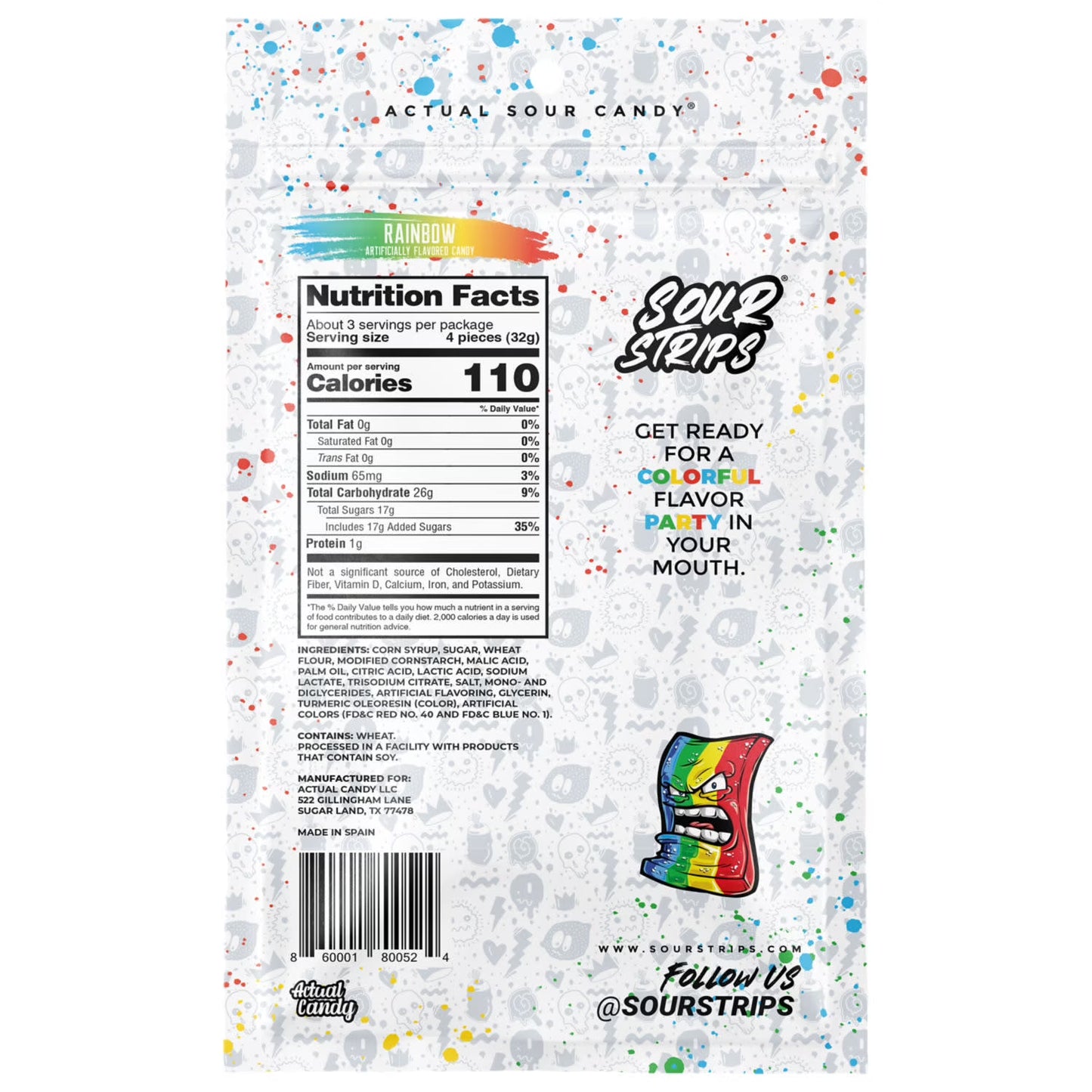 Sour Strips Rainbow Flavored Chewy Sour Candy Bag, 3.4 oz