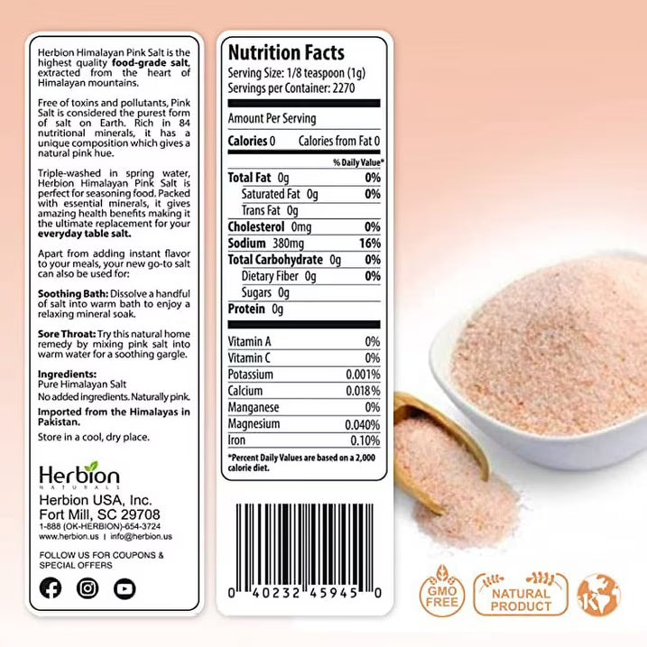 Herbion Himalayan Pink Salt, Fine Grain, 5 lb (2.2 Kg) Jar, All-Natural, Vegan, Kosher Certified, Triple-Washed