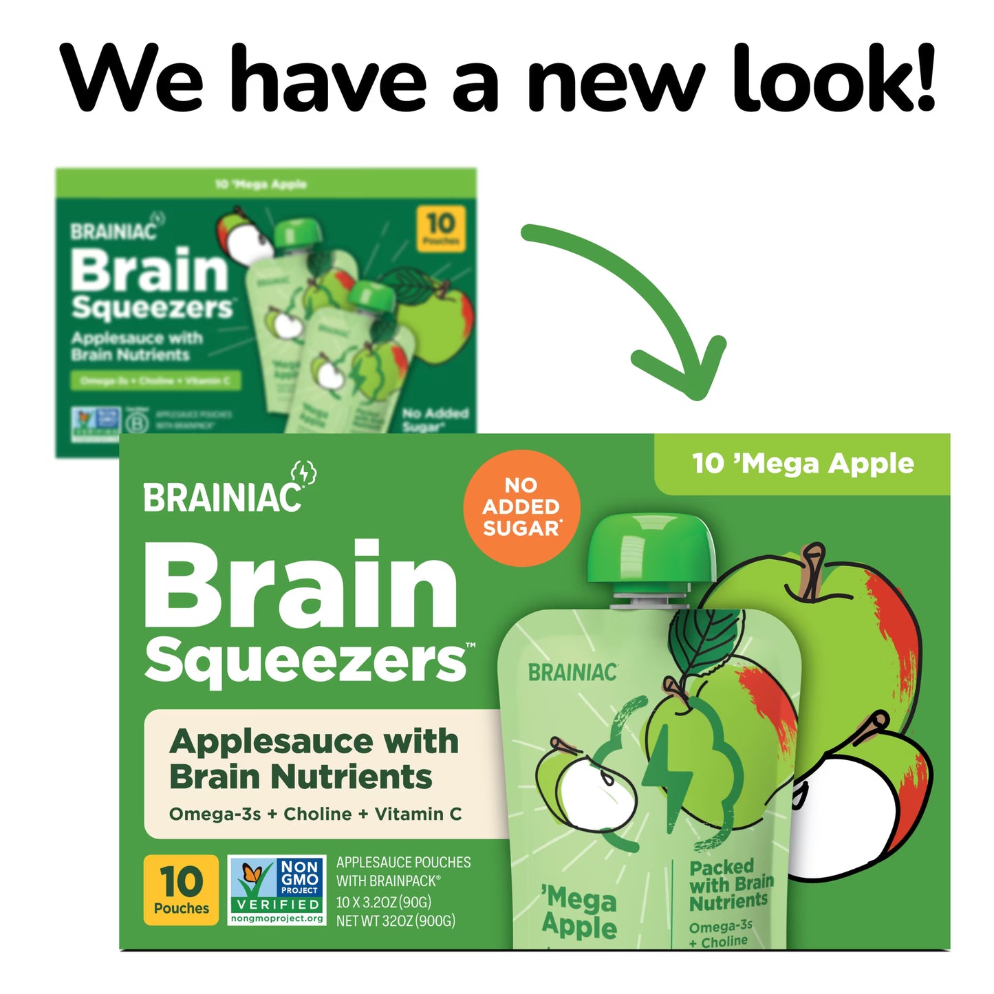 (2 pack) Brainiac Brain Squeezers Applesauce with Omega-3s, Apple, No Sugar Added, 3.2 oz, 10 Ct