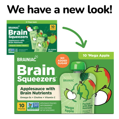 (2 pack) Brainiac Brain Squeezers Applesauce with Omega-3s, Apple, No Sugar Added, 3.2 oz, 10 Ct