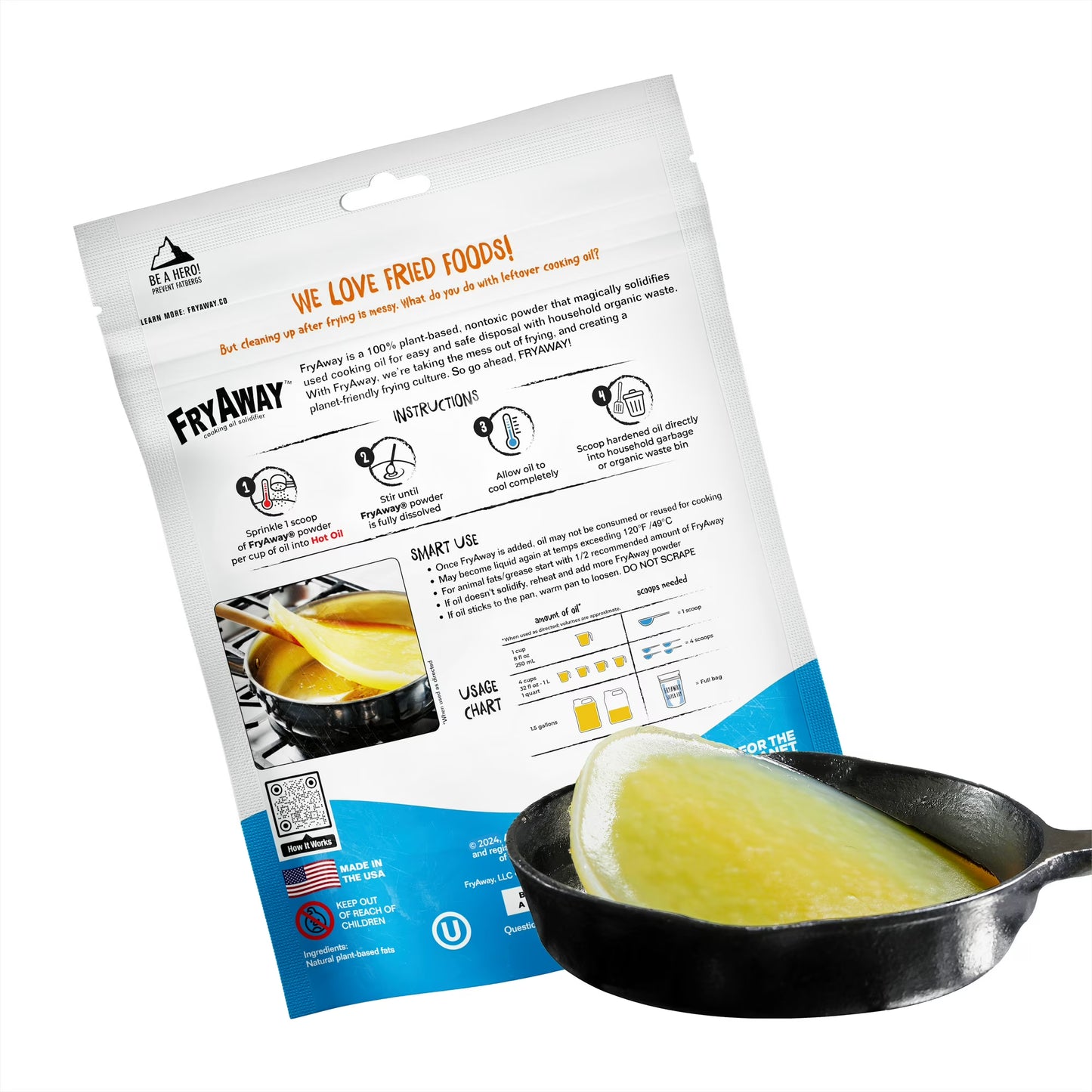 FryAway Super Fry Use Cooking Oil Solidifier Powder, 100% Plant-Based Disposal, For Up To 1.5 Gallons of Oil