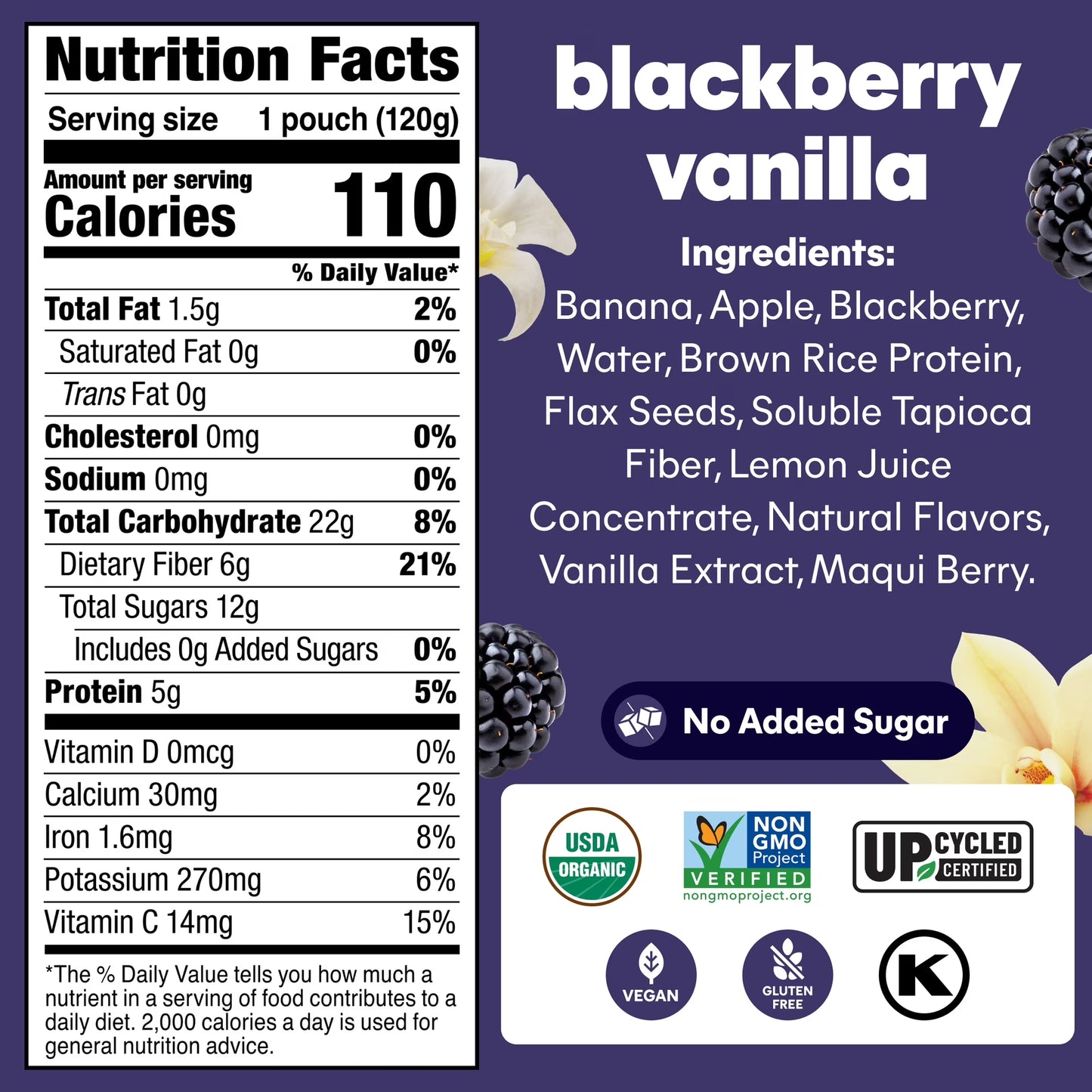 Noka Organic Superfood Smoothie Pouches, Plant Protein, Blackberry Vanilla, 4.22oz, 4 Pack