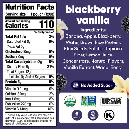 Noka Organic Superfood Smoothie Pouches, Plant Protein, Blackberry Vanilla, 4.22oz, 4 Pack