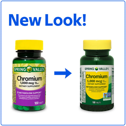 (3 pack) Spring Valley Chromium Metabolism Support Dietary Supplement Tablets, 1,000 Mcg, 100 Count