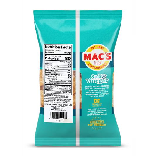 Mac's Salt and Vinegar Chicharrones Pork Rinds, Pork Skins, 4 oz Bag