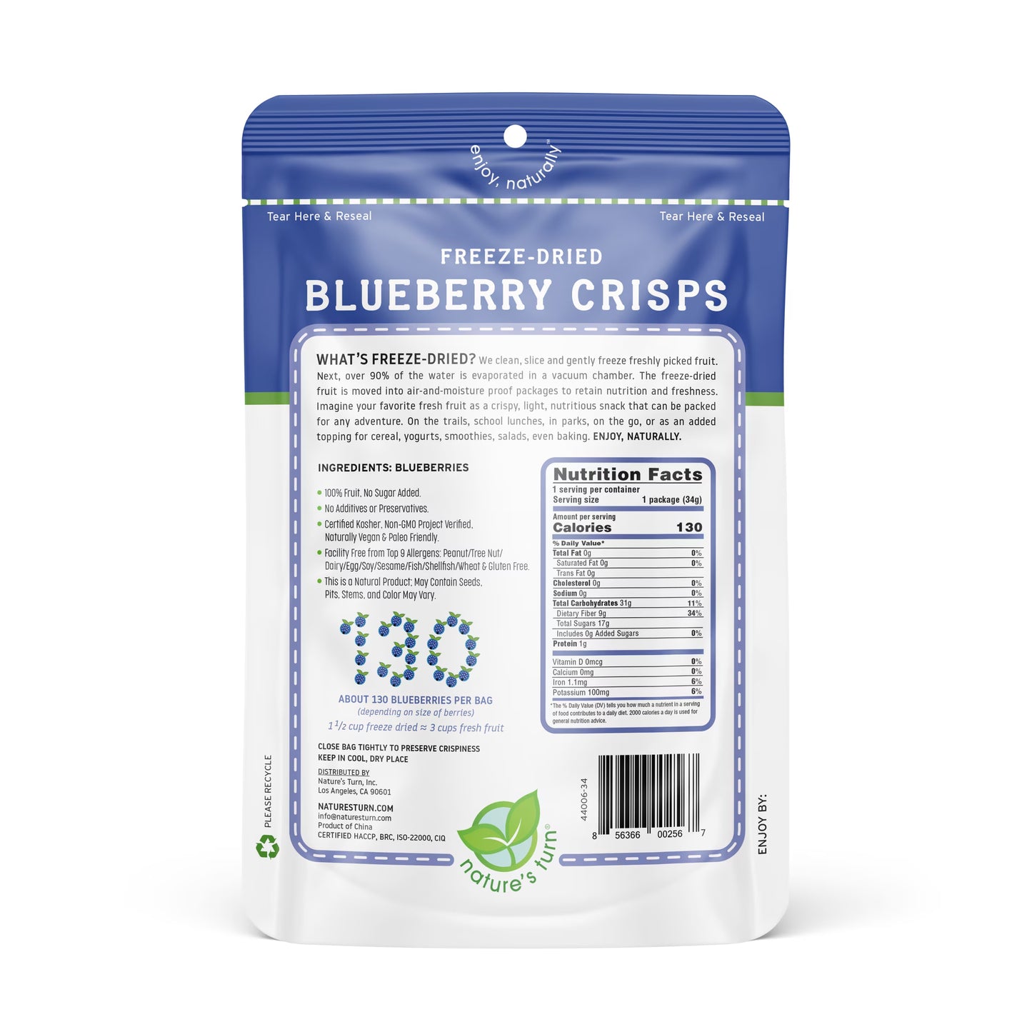 Nature’s Turn Freeze-Dried Blueberry Crisps, No Added Sugar, Healthy Natural Fruit Crisp Snack for School Lunches, 2 Pack (1.2 oz Each)