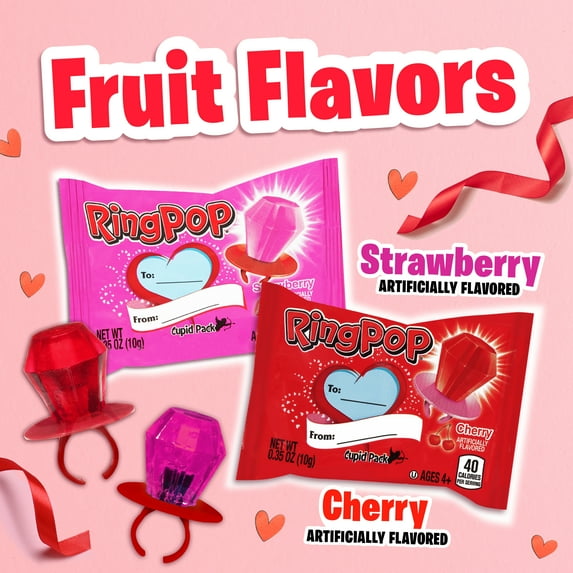 Ring Pop, Valentine Lollipops, Cherry Craze and Strawberry, Sucker Candy, 7.7 oz, 22 Count