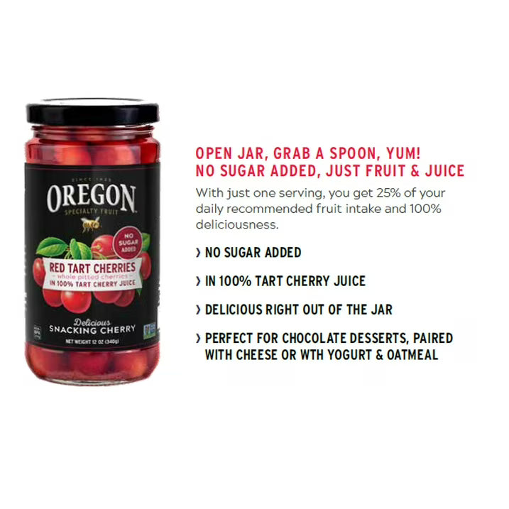 Oregon Fruit Co. Red Tart Cherries in 100% Tart Cherry Juice, 12 oz Jar