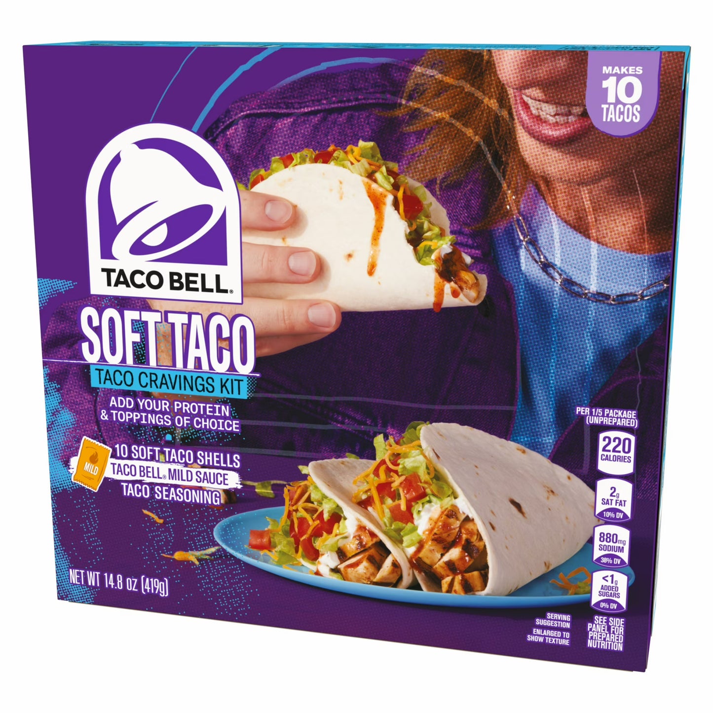 (3 pack) Taco Bell Soft Taco Cravings Kit with 10 Soft Tortillas, Taco Bell Mild Sauce & Seasoning, 14.8 oz Box