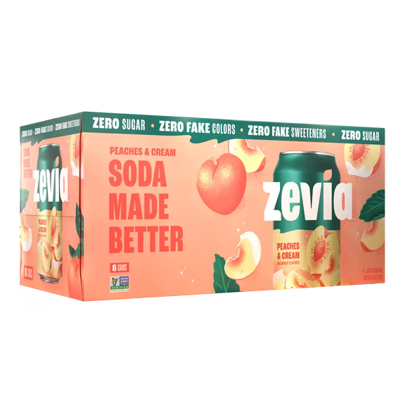 Zevia Zero Sugar, 0 Calorie Peaches and Cream Soda Pop, 12 fl oz, 8 Pack