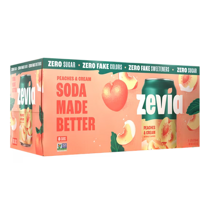 Zevia Zero Sugar, 0 Calorie Peaches and Cream Soda Pop, 12 fl oz, 8 Pack