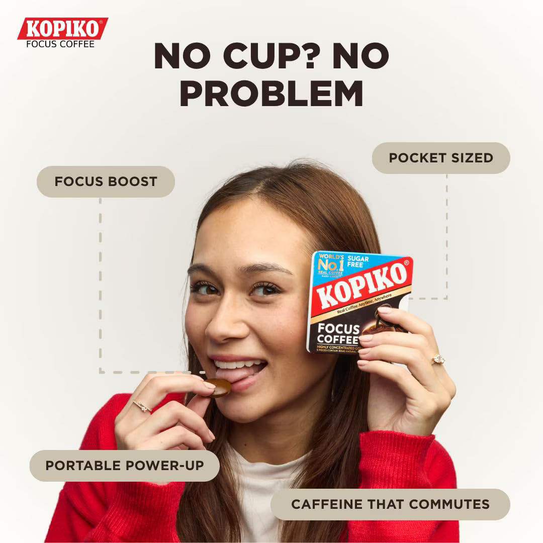 Kopiko Focus Coffee Candy – Sugar-Free, Caffeinated Hard Candy for Energy & Mental Focus – 12 Candy Pack