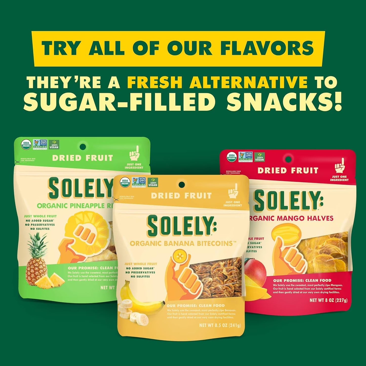 SOLELY Organic Dried Pineapple Rings (5.5 oz Resealable Bags, pack of 4), Real Fresh Fruit, 1 Ingredient, Healthy Snacks for All, Vegan 4 Bags (22 oz)