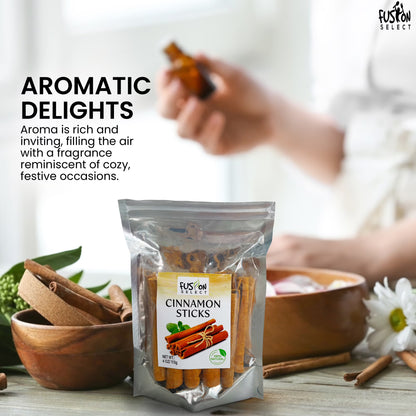 Fusion Select 16 Oz Cinnamon Sticks - Whole Canela Bark Pieces for Asian, Indian, & Middle Eastern Cuisine - Herbs & Spices for Baking & Cooking - Packed in a Clear Resealable Pouch