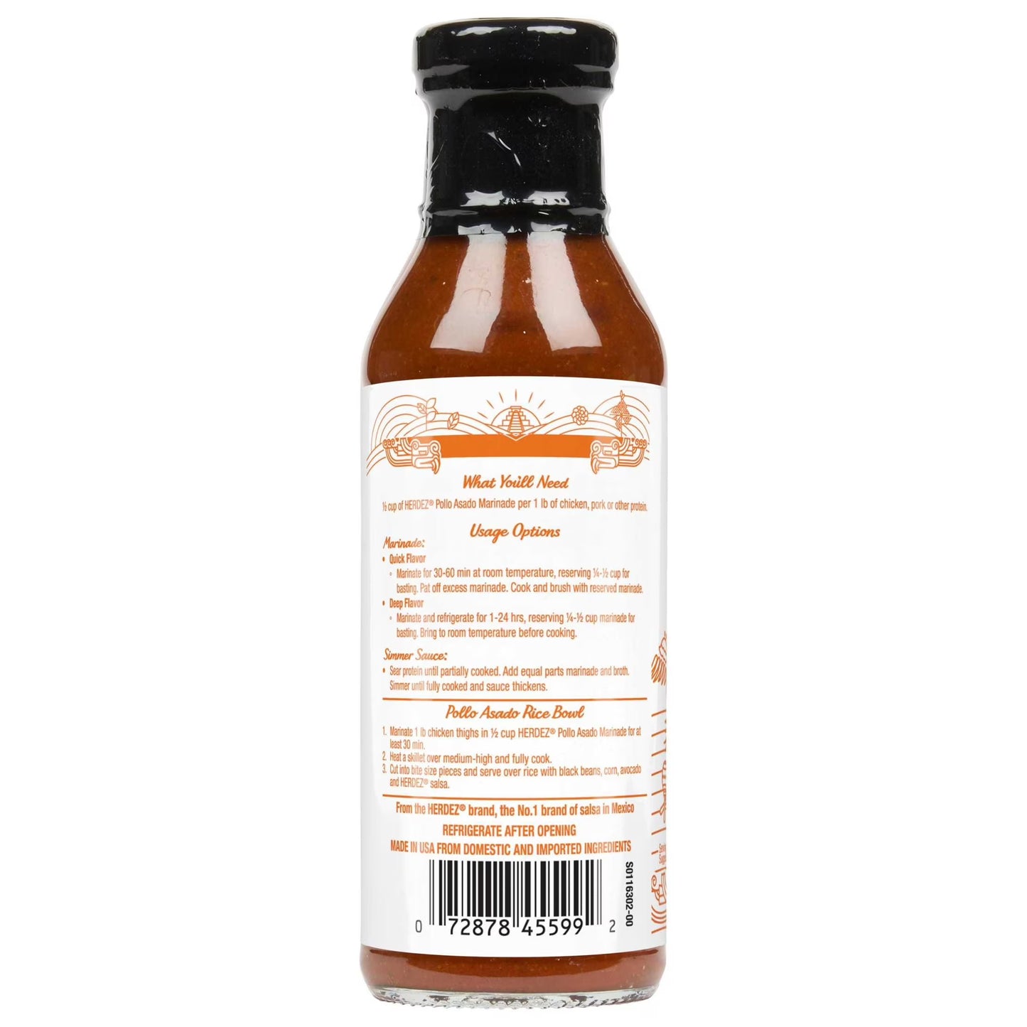 HERDEZ Pollo Asado Marinade Mild, Marinade, 12oz Glass Bottle