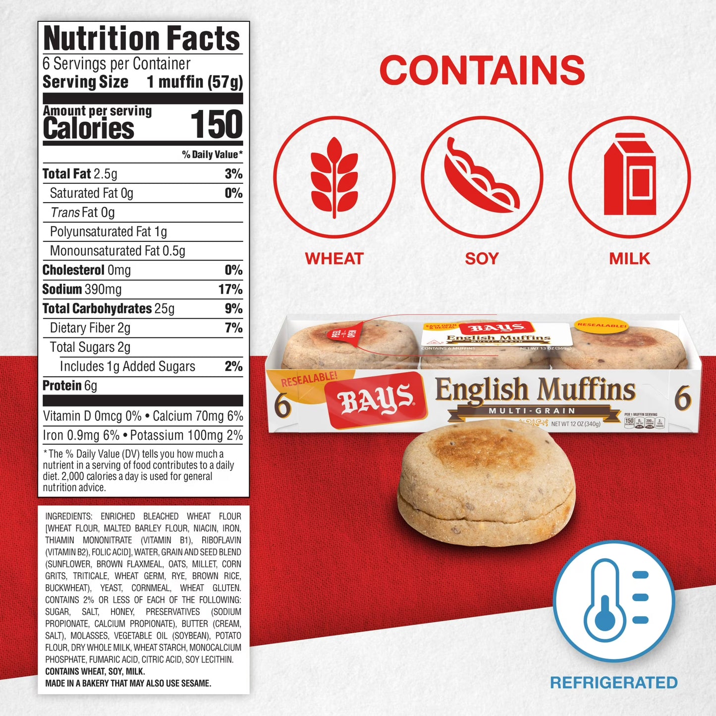 Bays Multi-grain English Muffins, 6 count, Pre-sliced English Muffins, 12 oz Tray