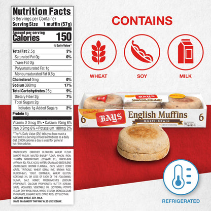 Bays Multi-grain English Muffins, 6 count, Pre-sliced English Muffins, 12 oz Tray
