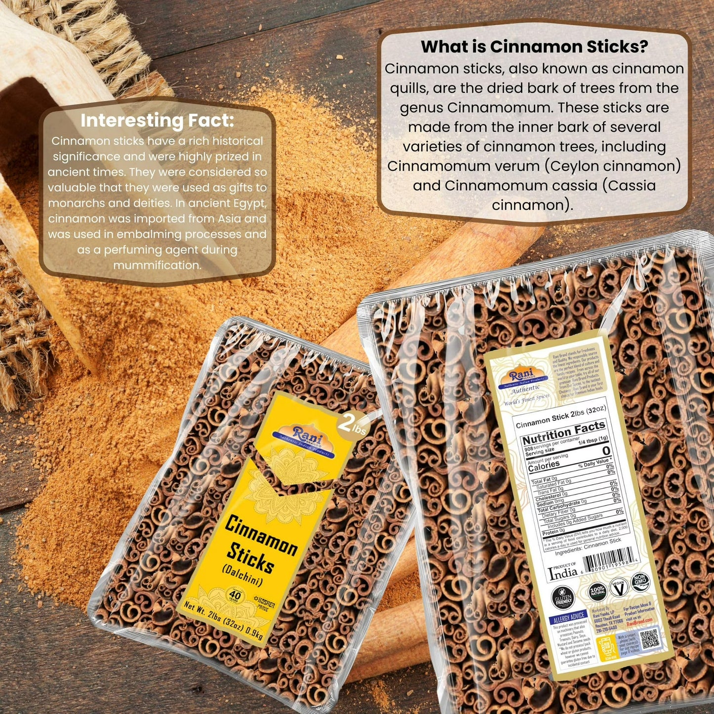 Rani Cinnamon Sticks 32oz (2lbs) 908g Bulk Bag - 175-200 Sticks - Strong Aroma, Perfect for Baking, Cooking & Beverages | 3+ Inches Length - Cassia Saigon Cinnamon from Vietnam | Kosher