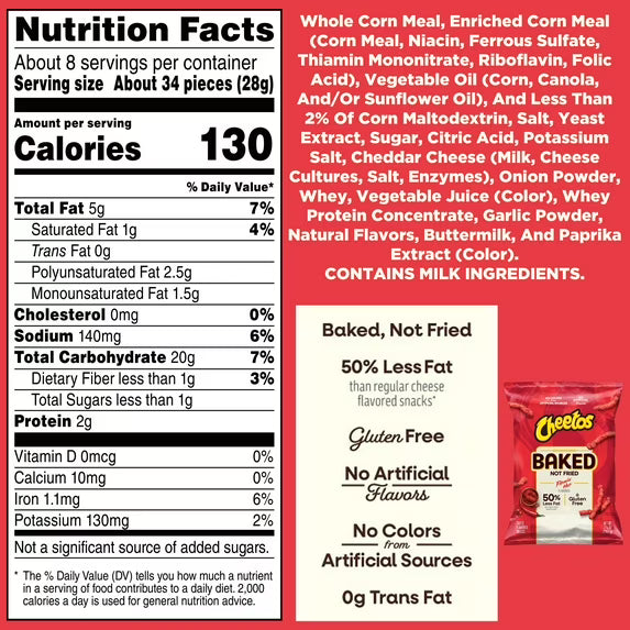 Baked Cheetos Crunchy 50% Less Fat Flamin’ Hot Cheese Flavored Snacks Bag, 7.625 oz