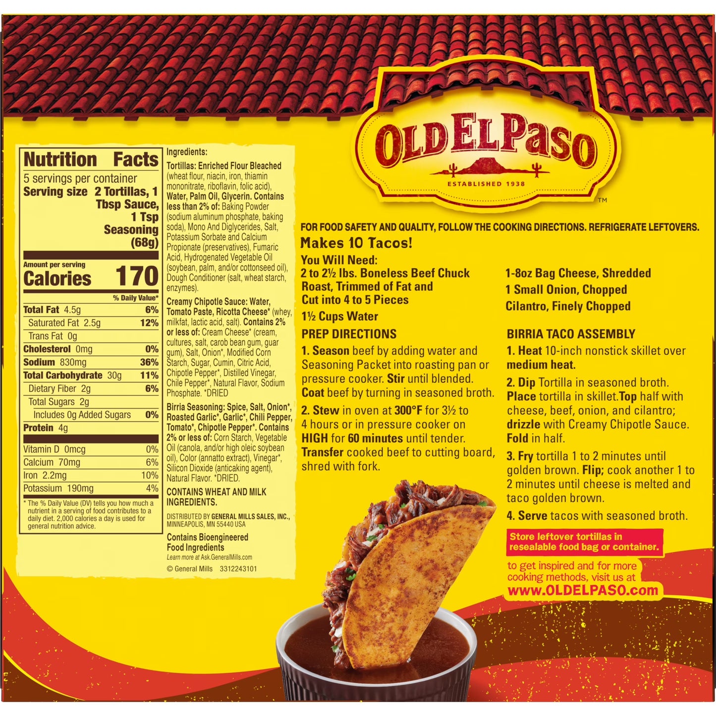 (3 pack) Old El Paso Birria Taco Kit with Seasoning, Sauce and Soft Tortillas, 12.1 oz
