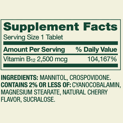Spring Valley Vitamin B12 Supplement, 2500 mcg, Cherry, 120 Count, Quick-Dissolve Tablets