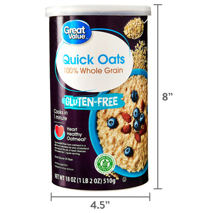 (3 pack) Great Value Gluten Free Quick Oats, 18 oz