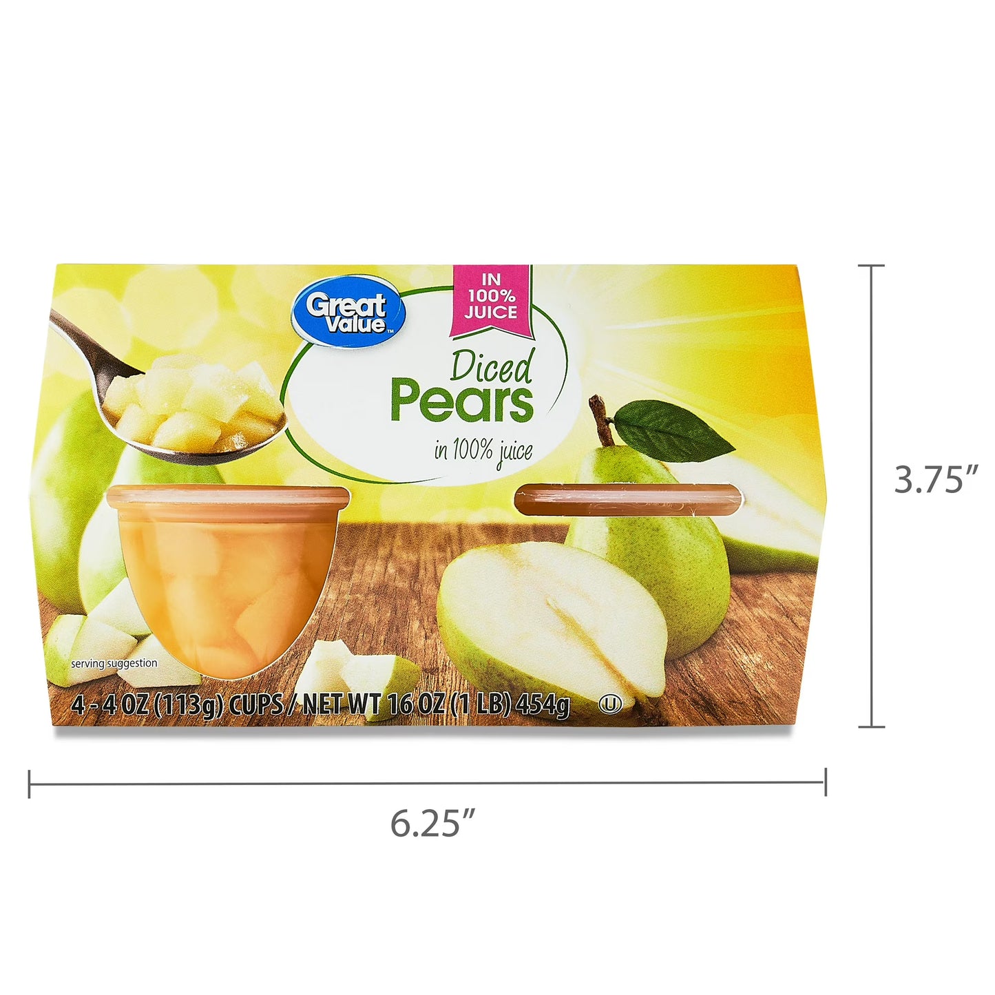 (6 pack) Great Value Diced Pears Fruit Cups in Juice, 4 oz, 4 Count