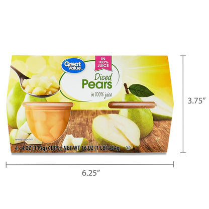 (6 pack) Great Value Diced Pears Fruit Cups in Juice, 4 oz, 4 Count