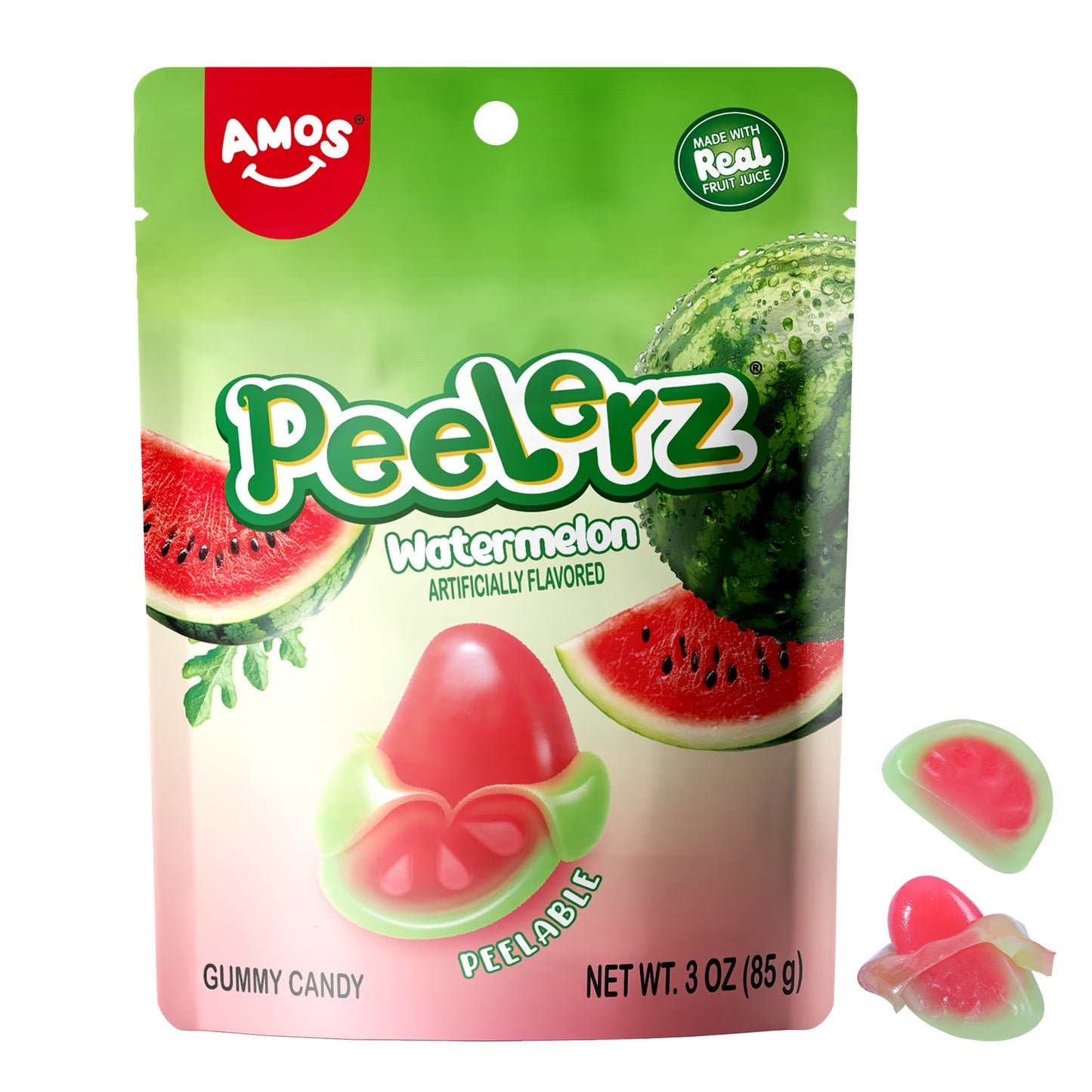Amos Peelerz, Gummy Candy, Watermelon Flavor, Peelable Gummy, 3 oz Bag