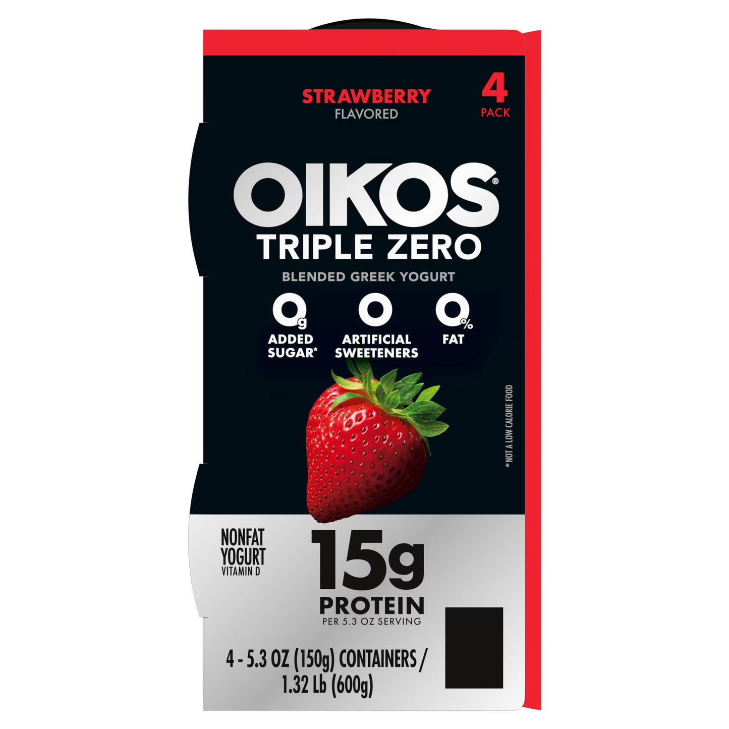 Oikos Triple Zero 15g Protein Fat Free Strawberry Greek Yogurt Cups, 5.3 oz, 4 Ct