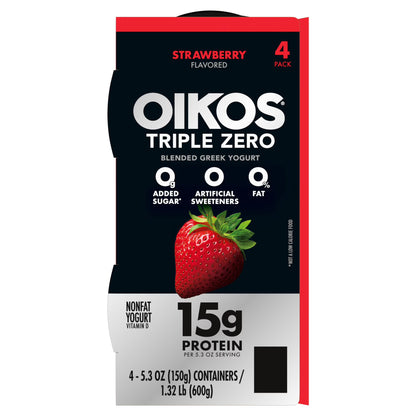 Oikos Triple Zero 15g Protein Fat Free Strawberry Greek Yogurt Cups, 5.3 oz, 4 Ct