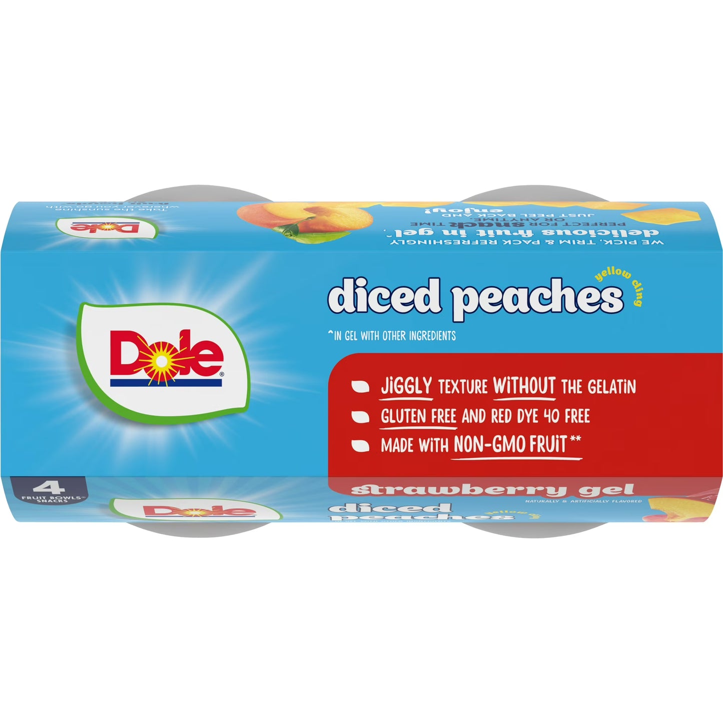 (4 pack) Dole Fruit Bowls Diced Peaches in Strawberry Gel, 4.3 oz Cups (4 Pack)