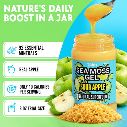 Biolore Sour Apple Sea Moss Gel, 8 oz – No Added Sugar, Vegan, Ready-to-Use Wildcrafted Sea Moss Gel with Monk Fruit, Smoothie & Food Add-In