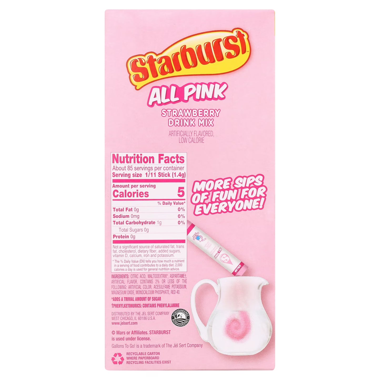 Starburst Zero Sugar Gallons-to-Go Powdered Drink Mix, All Pink Strawberry, 8 Count Gallon Pitcher Packets