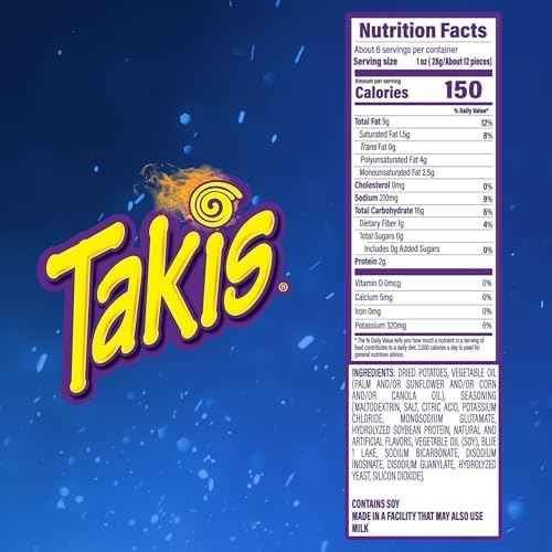 Takis Blue Heat Crisps - Hot Chili Pepper Flavored Extreme Spicy Potato Crisps Sharing Size Can (Pack of 3)