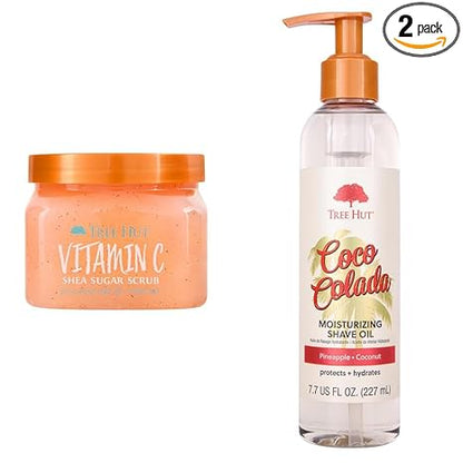 Tree Hut Vitamin C Shea Sugar Body Scrub 18 oz & Bare Coco Colada Shave Oil 7.7 fl oz Skincare Bundle