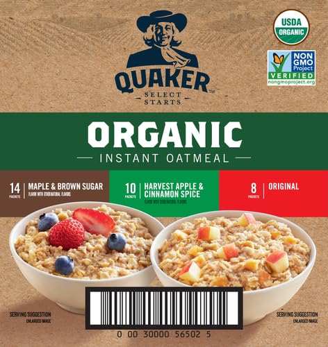 QUAKER Instant Oatmeal, USDA Organic, Non-GMO Project Verified, 3 Flavor Variety Pack, Individual Packets, 32 Count (Pack of 1)