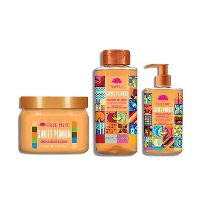 Tree Hut Sweet Punkin Body Care Trio | Exfoliating Scrub, Foaming Body Wash & Hydrating Hand Wash | Fall Scented Skincare for Soft, Nourished Skin | 3-Piece Bundle