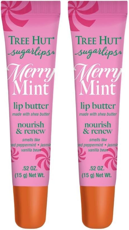 Tree Hut Sugarlips Merry Mint Lip Butter, Moisturizing Lip Care for Full, Soft Lips, Essential Hydration, Holiday Gift & Stocking Stuffer, 0.52 fl oz (Pack of 2)