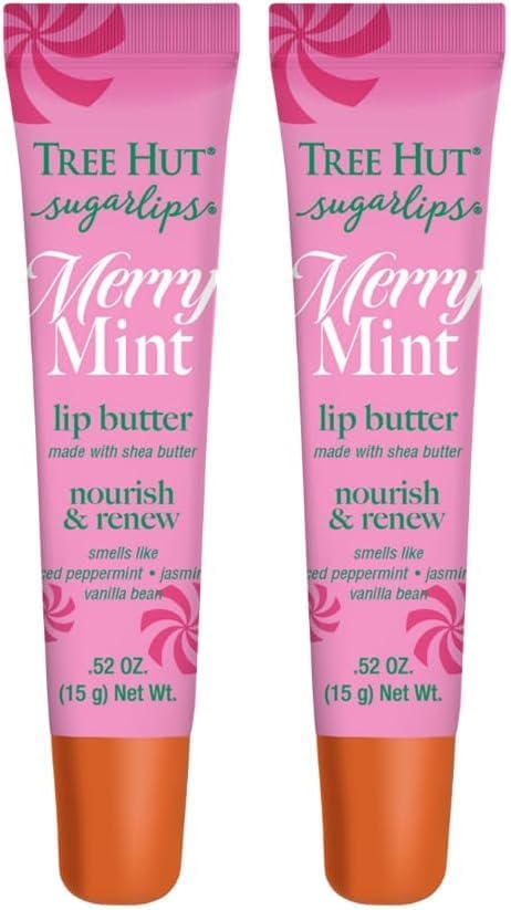 Tree Hut Sugarlips Merry Mint Lip Butter, Moisturizing Lip Care for Full, Soft Lips, Essential Hydration, Holiday Gift & Stocking Stuffer, 0.52 fl oz (Pack of 2)
