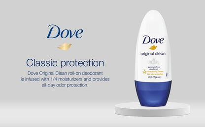 Dove Original Clean Roll On Deodorant, Aluminum Free, All Day Odor Protection, 12-Pack, 1.7 FL Oz Each, 4 Bottles
