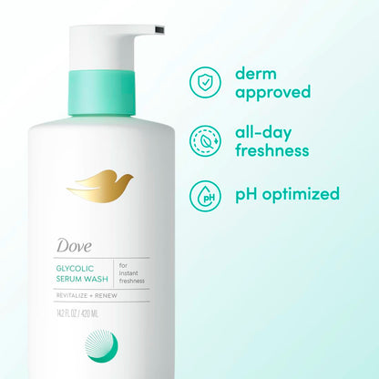 Dove Glycolic Serum Body Wash for Women, 14.2 oz | 2% glycolic acid body wash that helps control odor, smooth skin texture and support freshness during hormonal changes
