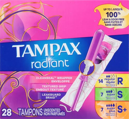 Tampax Radiant Tampons Trio Pack Regular/Super/Super Plus Absorbency, Unscented, 28 Count