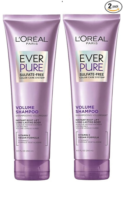 L'Oreal Paris EverPure Volume Sulfate Free Shampoo for Color-Treated Hair, Volume + Shine for Fine, Flat Hair, with Lotus Flower, 2 Count (8.5 Fl; Oz each) (Packaging May Vary)
